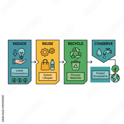 Reduce, Reuse, Recycle, and Conserve: An informative graphic demonstrating the vital principles of environmental stewardship, highlighting actionable steps towards a sustainable future. 