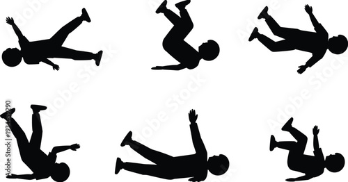 Black silhouettes of a man falling and floating in various dynamic poses through empty space isolated on white background for conceptual vector graphic design.