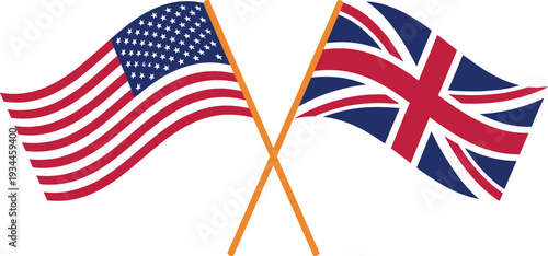 Crossed flags of the United States of America and the United Kingdom on flagpoles for international relations and diplomatic concept