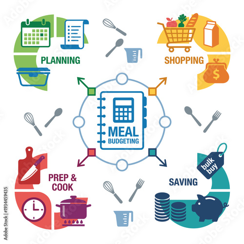 Meal Budgeting for Health: An infographic that presents the strategic process of meal budgeting, emphasizing planning, shopping, preparation, and saving.