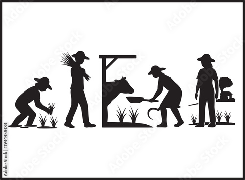 Farmers working in field with cow and plants and grass and tools and hat  people planting and feeding animals