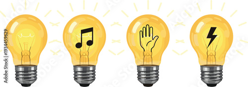Creative light bulb concept vector set with glowing filaments featuring musical note hand and lightning bolt symbols for ideas and innovation