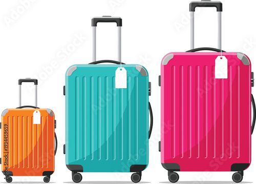 Colorful travel suitcases with wheels and handles vector illustration set