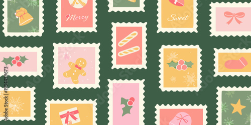 Festive postage stamps with christmas treats and holiday decorations