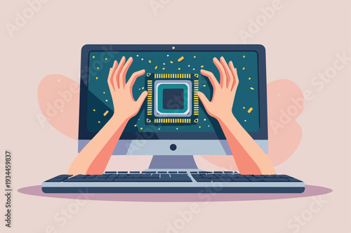 computer chip programma con mani monitor che rotto o da sistemare o rubare in fiamme , vettoriale 
