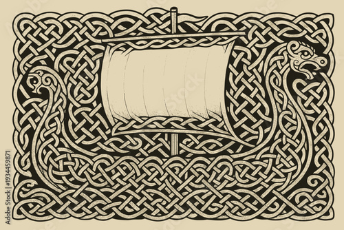 Celtic art, intricate design, Viking ship, decorative pattern, black and beige colors