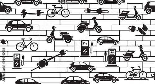 Transportation icons on a brick wall background pattern design