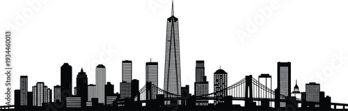 New York City Skyline Silhouette with Bridges and White Background Keywords: New York City, NYC, skyline, silhouette