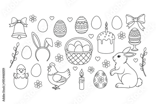Easter Outline Icon Set with Bunny, Eggs, Basket, Chick and Spring Decorations. Hand Drawn Line Art Vector Collection