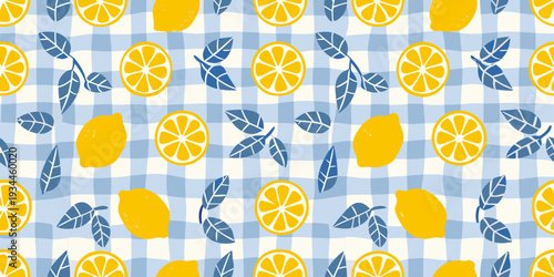A cheerful pattern featuring lemons leaves and a blue gingham background