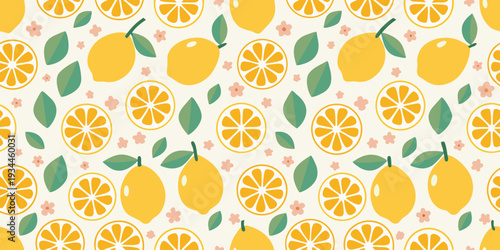 A cheerful pattern of lemons lemon slices leaves and small pink flowers