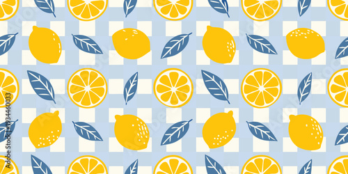 A cheerful pattern of lemons leaves and sliced citrus on gingham