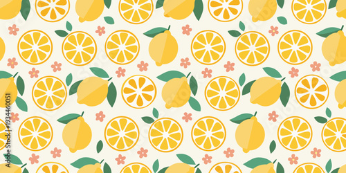 Seamless pattern of bright yellow lemons slices leaves and flowers