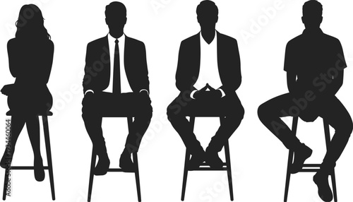 Black silhouettes of diverse people sitting on bar stools, corporate business man in suit and casual woman figures isolated on white background vector.
