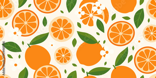 Seamless pattern of vibrant orange slices blossoms and green leaves
