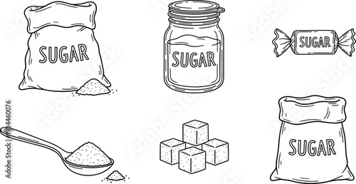 Hand Drawn Sugar Illustration Set with Sack, Jar, Cubes, Spoon, and Candy in Vintage Outline Vector Style