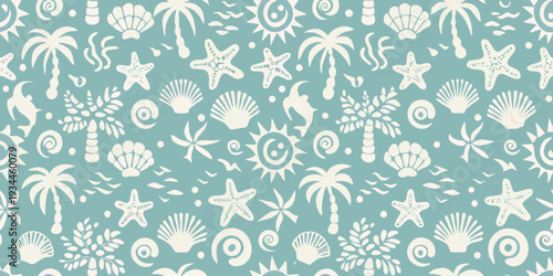 Pale blue seamless pattern with stylized marine life and suns
