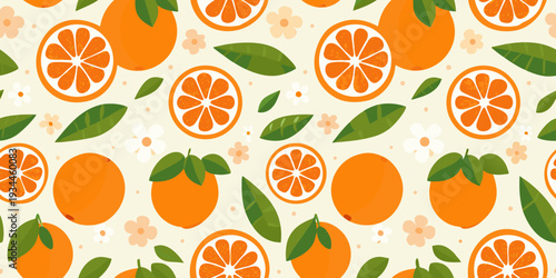 Seamless pattern of oranges slices leaves and small white flowers