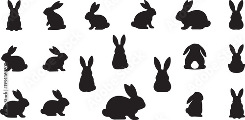 Collection of black rabbit silhouettes on white background pattern