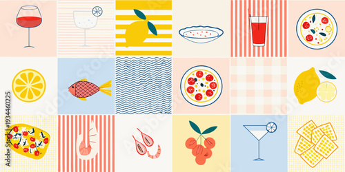 A colorful patchwork of summer food and drink illustrations