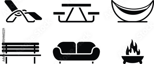 Outdoor furniture vector icon set including garden bench picnic table lounge chair hammock sofa and fire pit isolated on white background for landscape design.