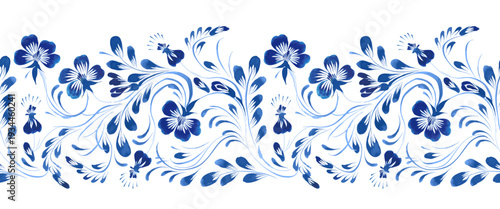 Vector floral seamless border pattern from hand painted blue flowers and leaves on a white background