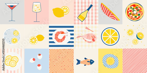 A colorful collage featuring various summer foods and drink illustrations