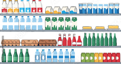 Supermarket shelves with dairy drinks eggs and beverages vector illustration