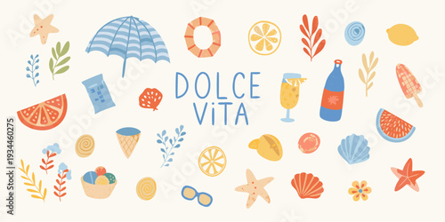 A colorful summer illustration featuring beach items and citrus fruits