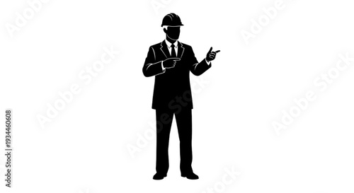 Silhouette of a male engineer in a hard hat gesturing with both hands, providing instructions or presenting a plan