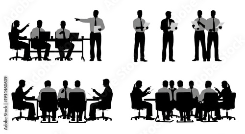 Business meeting silhouettes diverse teams collaborating and discussing ideas