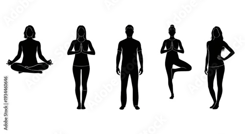 Minimalist black silhouettes of people performing various yoga poses, ideal for health and wellness concept designs