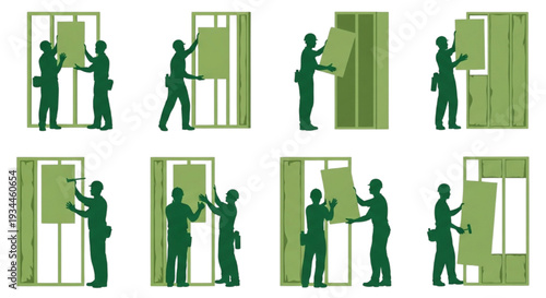 Step-by-step illustration of how to install wall panels in a room with two workers