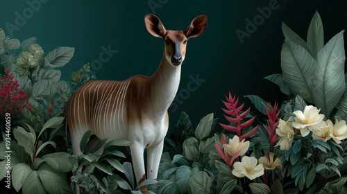 Okapi, Okapi standing proudly in a vibrant tropical jungle scene.