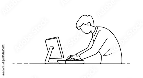 Person with poor posture working at a computer desk, illustrating ergonomic issues and potential health problems