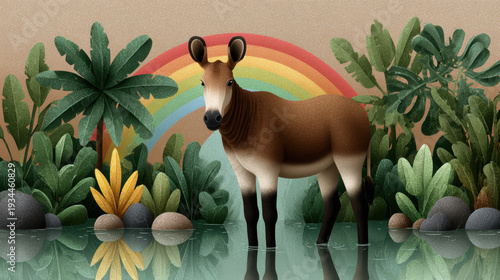 Okapi, Okapi standing under a rainbow after rain in a flat illustration style.