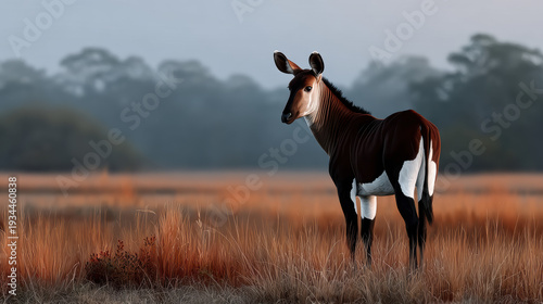Okapi, Okapi standing at the edge of savanna under golden sunset light.