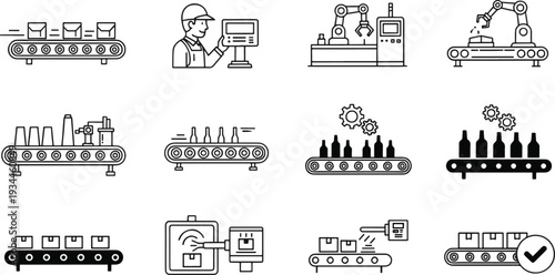 Smart Factory Automation and Industrial Conveyor Belt Production Line Icons Set