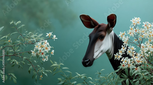 Okapi, Okapi wearing a small scarf in a breezy jungle morning scene.