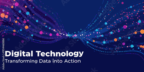 Abstract digital technology background with colorful particle streams and text