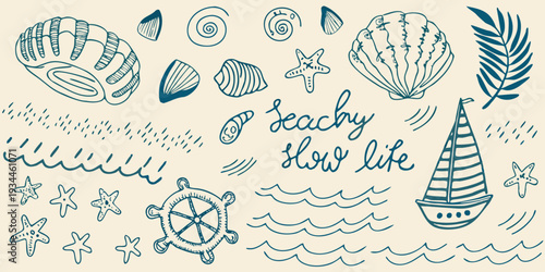 Hand drawn illustration featuring seashells a sailboat and marine life