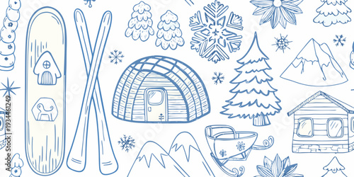 Winter themed doodles featuring snowy scenes and cozy elements