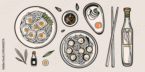 A colorful illustration of asian cuisine featuring noodles dumplings and sauces