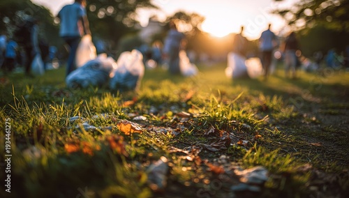 Golden sunset illuminates a park clean-up with people collecting litter