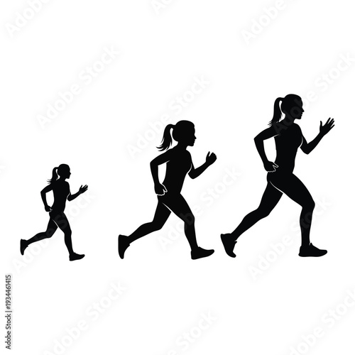 Silhouette of three women running in different poses side view  jogging female figures