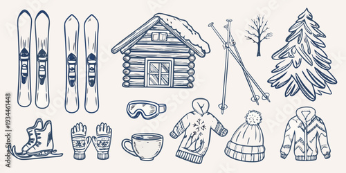 Winter sports equipment and cozy cabin illustration in blue line art