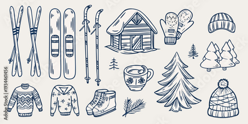 Winter sport and cozy cabin themed hand drawn doodle set illustration