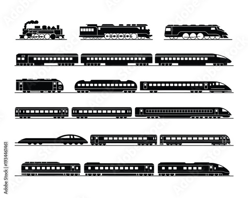 Diverse collection of stylized black and white train silhouettes in various designs