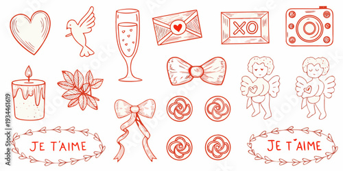 Hand drawn romantic elements including hearts doves and love notes