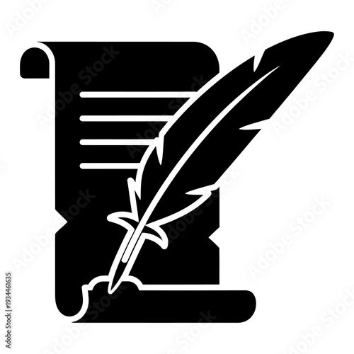 Scroll and quill pen silhouette icon for historical writing and literature documentation
